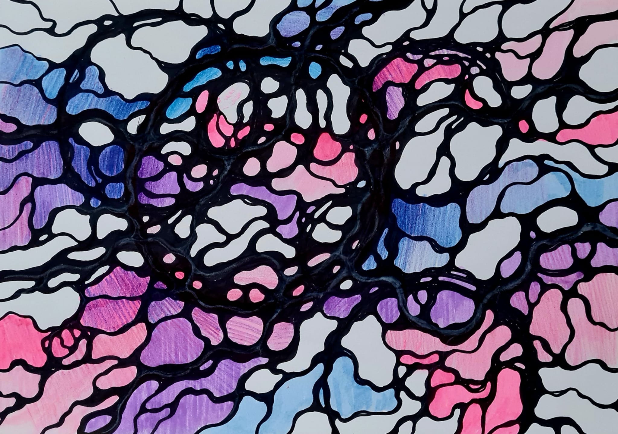 Rysunek neurograficzny w pastelowych barwach różu i błękitu