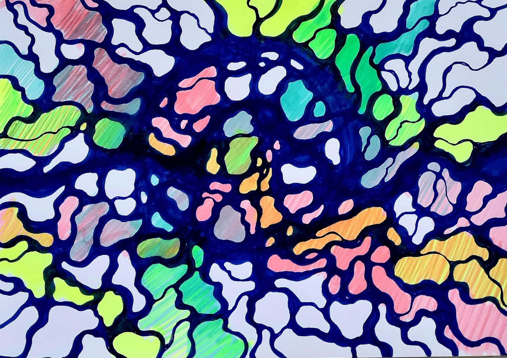 Rysunek neurograficzny z granatową linią i neonowymi polami