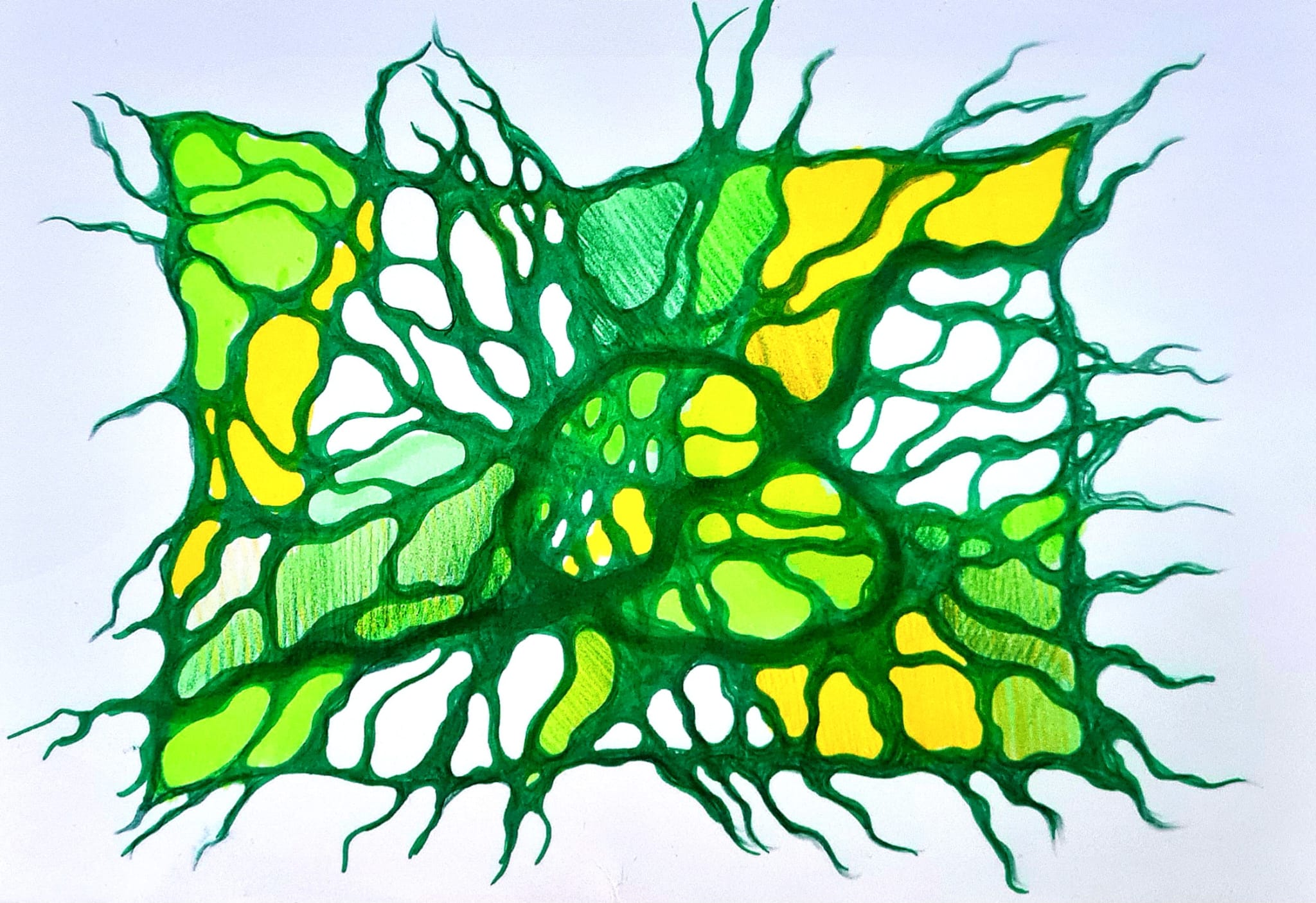 Rysunek neurograficzny z zielono-żółtą plątaniną linii